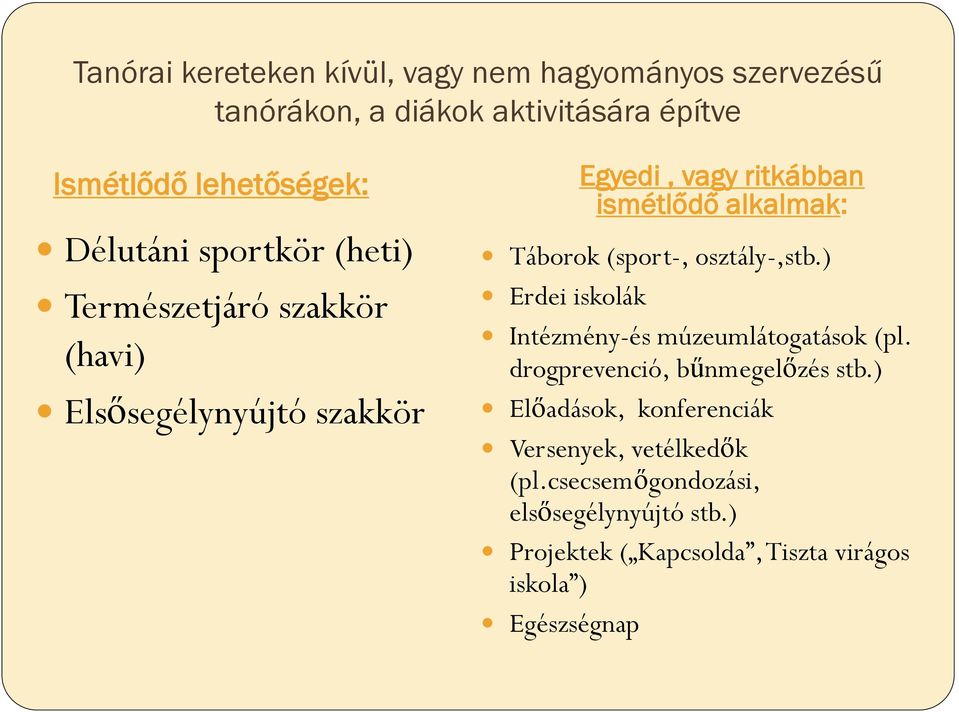 Táborok (sport-, osztály-,stb.) Erdei iskolák Intézmény-és múzeumlátogatások (pl. drogprevenció, bűnmegelőzés stb.