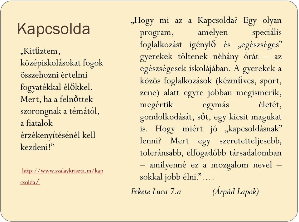 Egy olyan program, amelyen speciális foglalkozást igénylő és egészséges gyerekek töltenek néhány órát az egészségesek iskolájában.