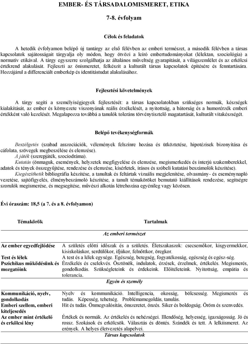 leíró embertudományokat (lélektan, szociológia) a normatív etikával. A tárgy egyszerre szolgálhatja az általános műveltség gyarapítását, a világszemlélet és az erkölcsi értékrend alakulását.