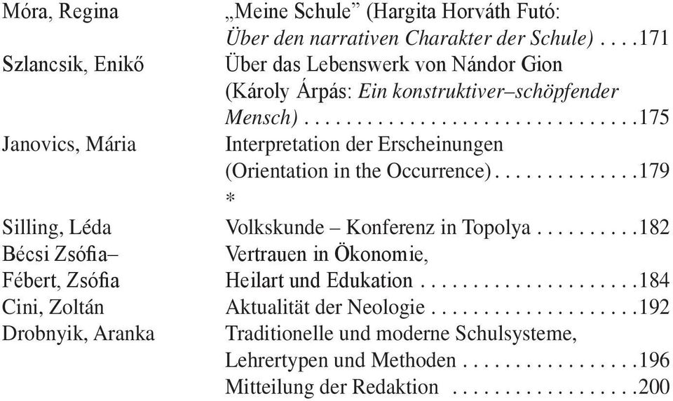 ..175 Janovics, Mária Interpretation der Erscheinungen (Orientation in the Occurrence)...179 * Silling, Léda Volkskunde Konferenz in Topolya.