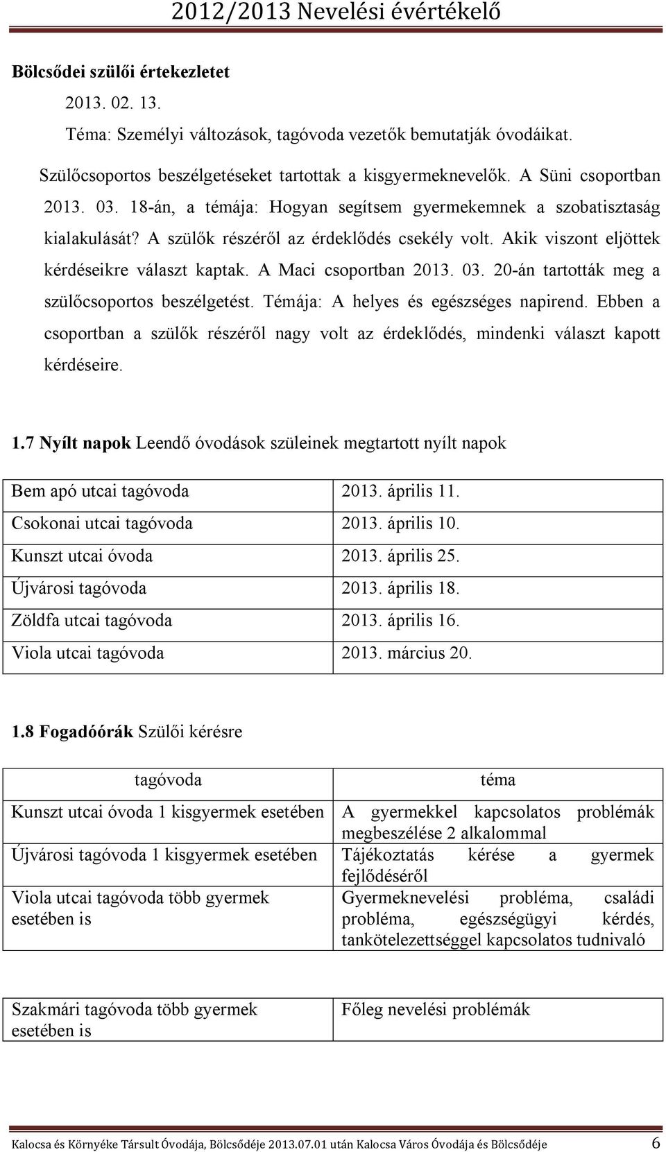 20-án tartották meg a szülőcsoportos beszélgetést. Témája: A helyes és egészséges napirend. Ebben a csoportban a szülők részéről nagy volt az érdeklődés, mindenki választ kapott kérdéseire. 1.