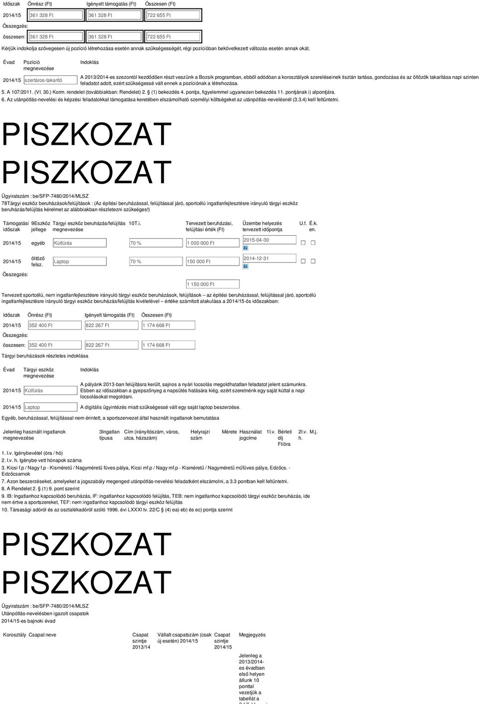 Évad Pozíció megnevezése szertáros-takarító Indoklás A 2013/2014-es szezontól kezdődően részt veszünk a programban, ebből adódóan a korosztályok szereléseinek tisztán tartása, gondozása és az öltözök