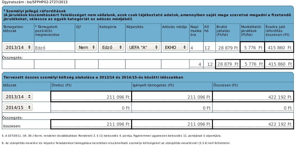 hó Bruttó juttatás (Ft/hó) Munkáltatói járulékok (Ft/hó) Évadra jutó ráfordítás összesen (Ft) 2013/14 Edző Nem Edző UEFA "A" EKHO 4 12 28 879 Ft 5 776 Ft 415 860 Ft 4 12 28 879 Ft 5 776 Ft 415 860 Ft