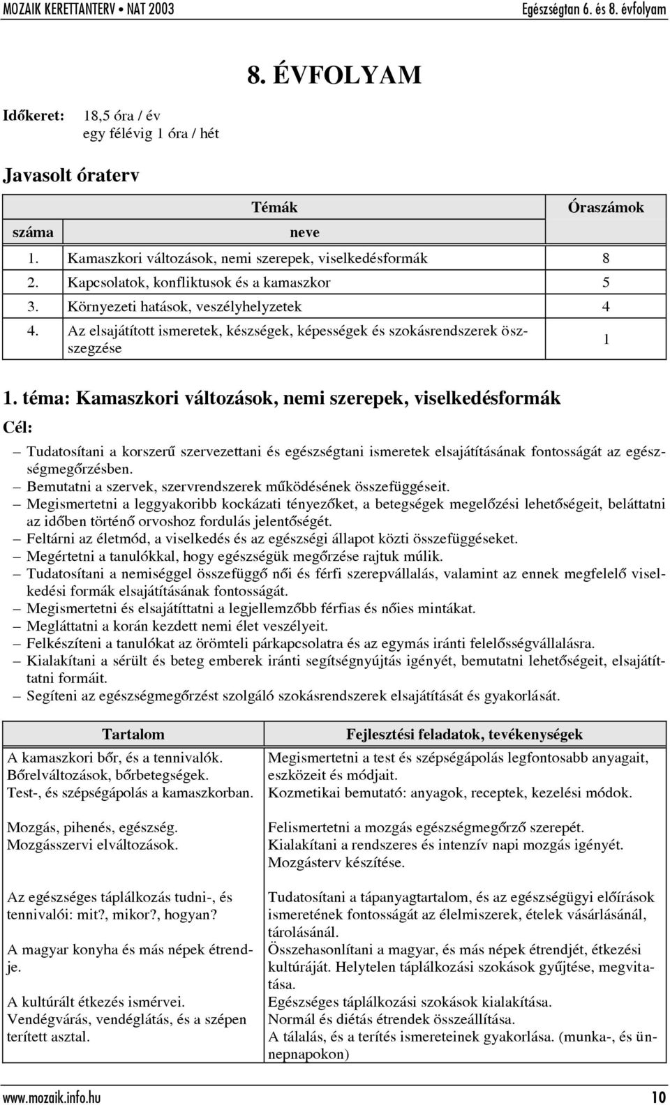 téma: Kamaszkori változások, nemi szerepek, viselkedésformák Cél: Tudatosítani a korszerû szervezettani és egészségtani ismeretek elsajátításának fontosságát az egészségmegõrzésben.