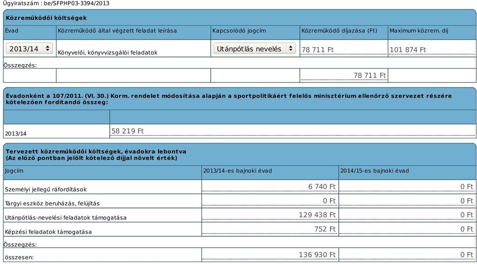 rendelet módosítása alapján a sportpolitikáért f elelős minisztérium ellenőrző szervezet részére kötelezően fordítandó összeg: 2013/14 58 219 Ft Tervezett közreműködői költségek, évadokra