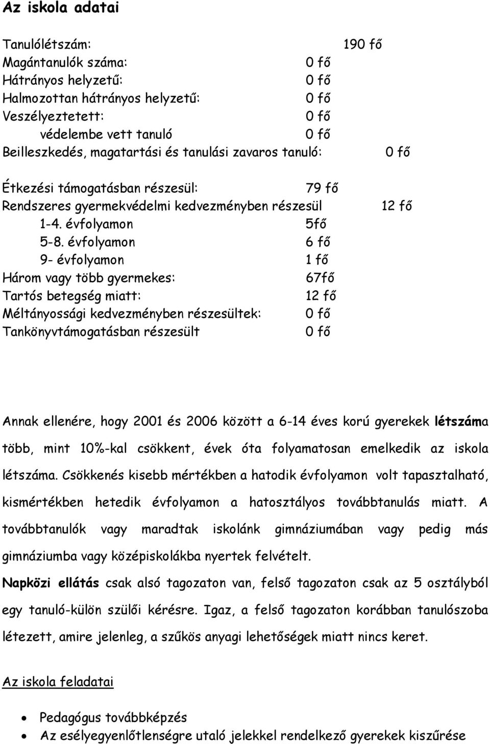 évfolyamon 6 fő 9- évfolyamon 1 fő Három vagy több gyermekes: 67fő Tartós betegség miatt: 12 fő Méltányossági kedvezményben részesültek: 0 fő Tankönyvtámogatásban részesült 0 fő 190 fő 0 fő 12 fő