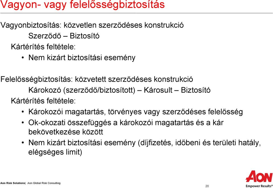 Biztosító Kártérítés feltétele: Károkozói magatartás, törvényes vagy szerződéses felelősség Ok-okozati összefüggés a károkozói