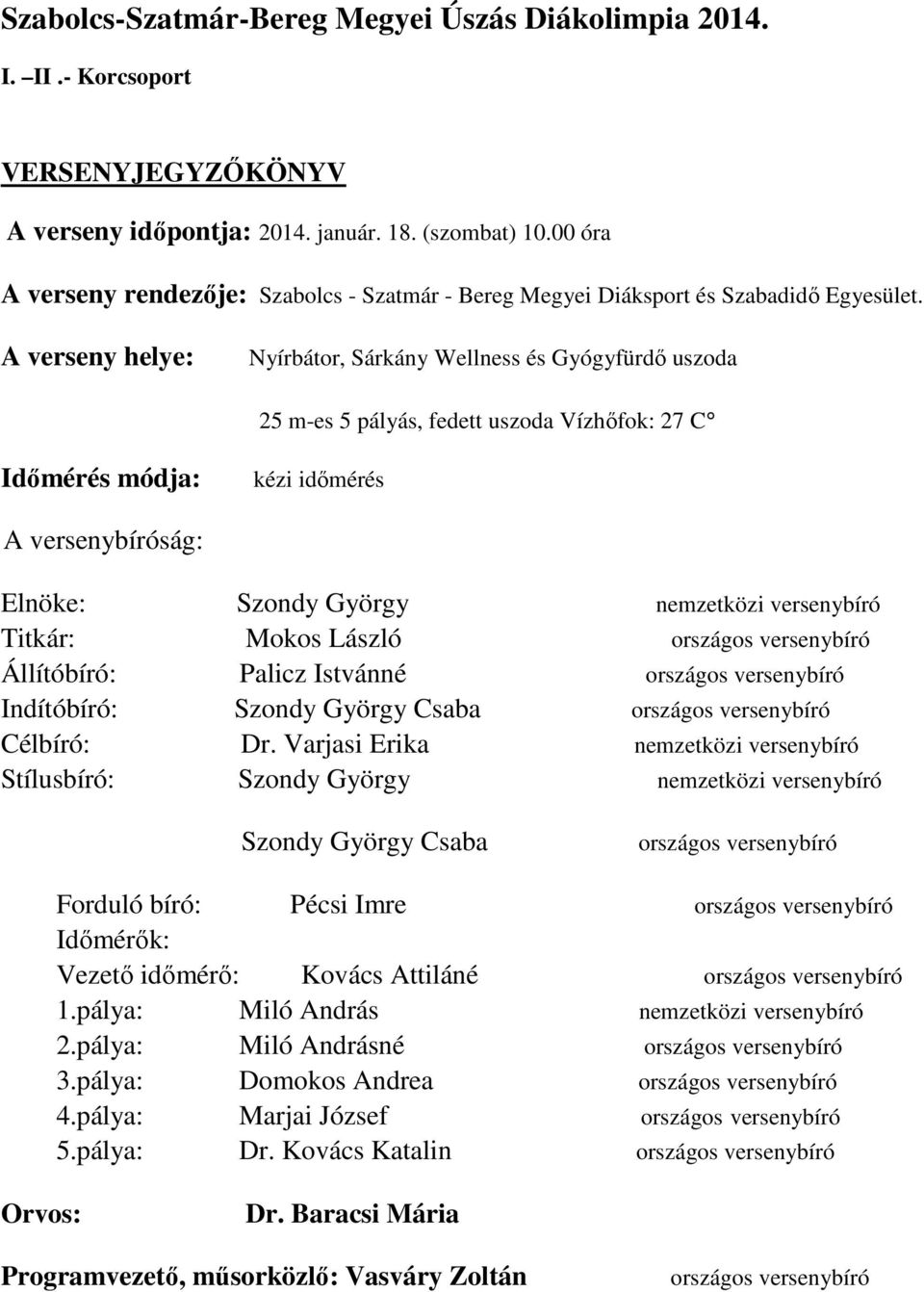 A verseny helye: Nyírbátor, Sárkány Wellness és Gyógyfürdő uszoda 25 m-es 5 pályás, fedett uszoda Vízhőfok: 27 C Időmérés módja: kézi időmérés A versenybíróság: Elnöke: Szondy György nemzetközi