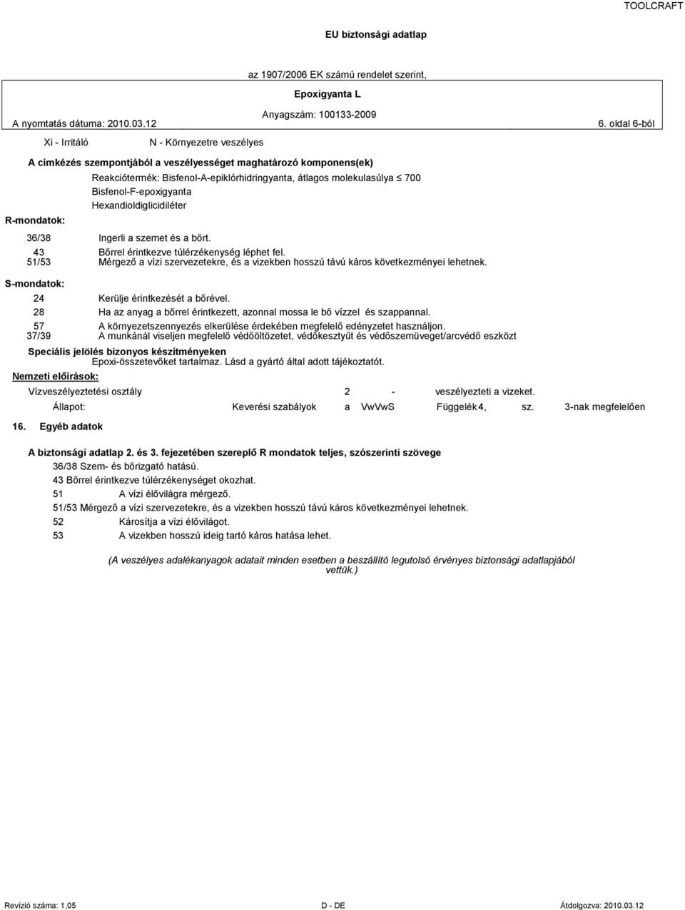 molekulasúlya 700 Bisfenol-F-epoxigyanta Hexandioldiglicidiléter 36/38 Ingerli a szemet és a bőrt. 43 Bőrrel érintkezve túlérzékenység léphet fel.