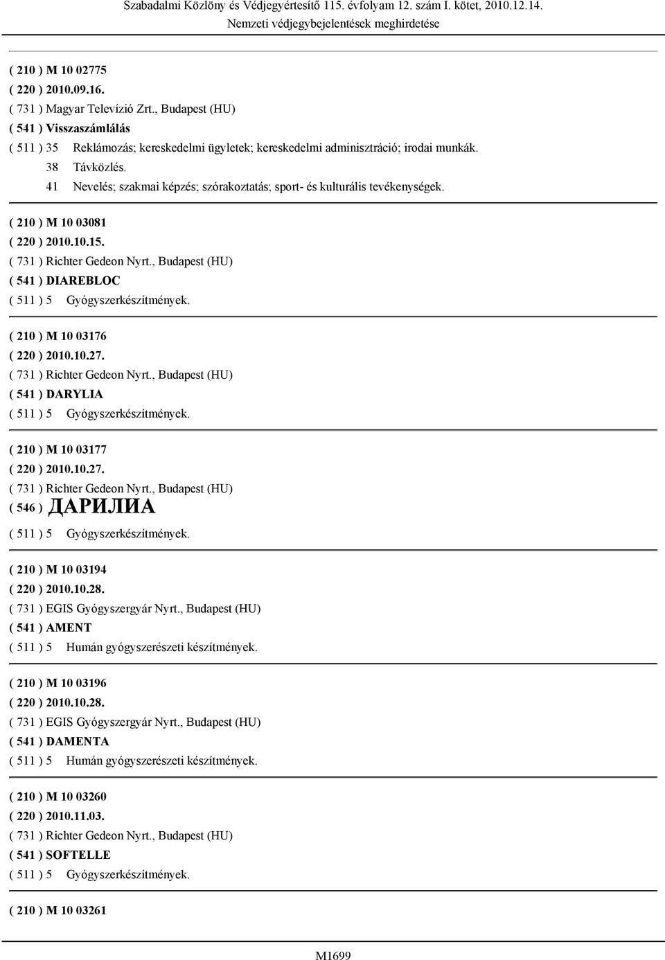 ( 541 ) DIAREBLOC ( 210 ) M 10 03176 ( 220 ) 2010.10.27. ( 541 ) DARYLIA ( 210 ) M 10 03177 ( 220 ) 2010.10.27. ( 210 ) M 10 03194 ( 220 ) 2010.10.28.