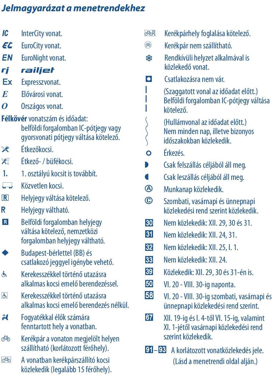 + Helyjegy váltása kötelező. ) Helyjegy váltható. m Belföldi forgalomban helyjegy váltása kötelező, nemzetközi forgalomban helyjegy váltható.