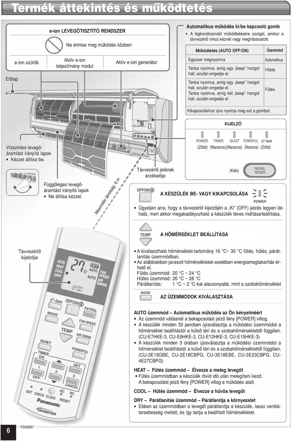 Mûködtetés (AUTO OFF/ON) Üzemmód Elôlap e-ion szûrôk Aktív e-ion teljesítmény modul Aktív e-ion generátor Egyszer megnyomva Tartsa nyomva, amíg egy beep hangot hall, ezután engedje el.