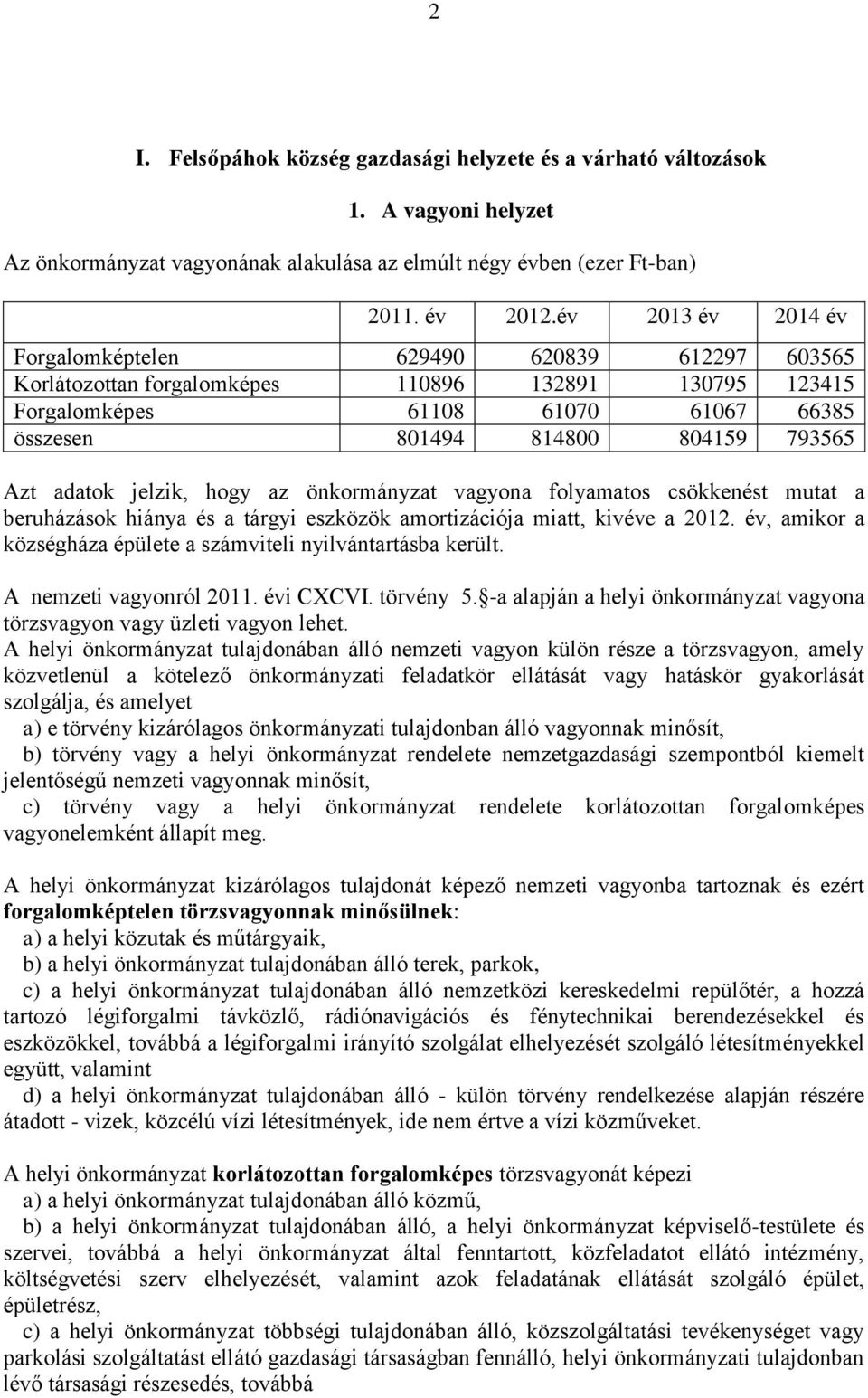 adatok jelzik, hogy az önkormányzat vagyona folyamatos csökkenést mutat a beruházások hiánya és a tárgyi eszközök amortizációja miatt, kivéve a 2012.