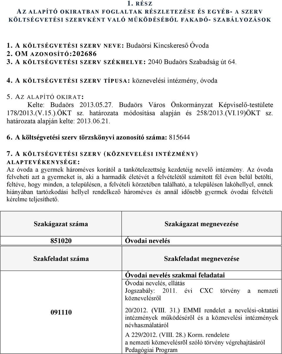 Budaörs Város Önkormányzat Képviselő-testülete 178/2013.(V.15.).ÖKT sz. határozata módosítása alapján és 258/2013.(VI.19)ÖKT sz. határozata alapján kelte: 2013.06.21. 6.