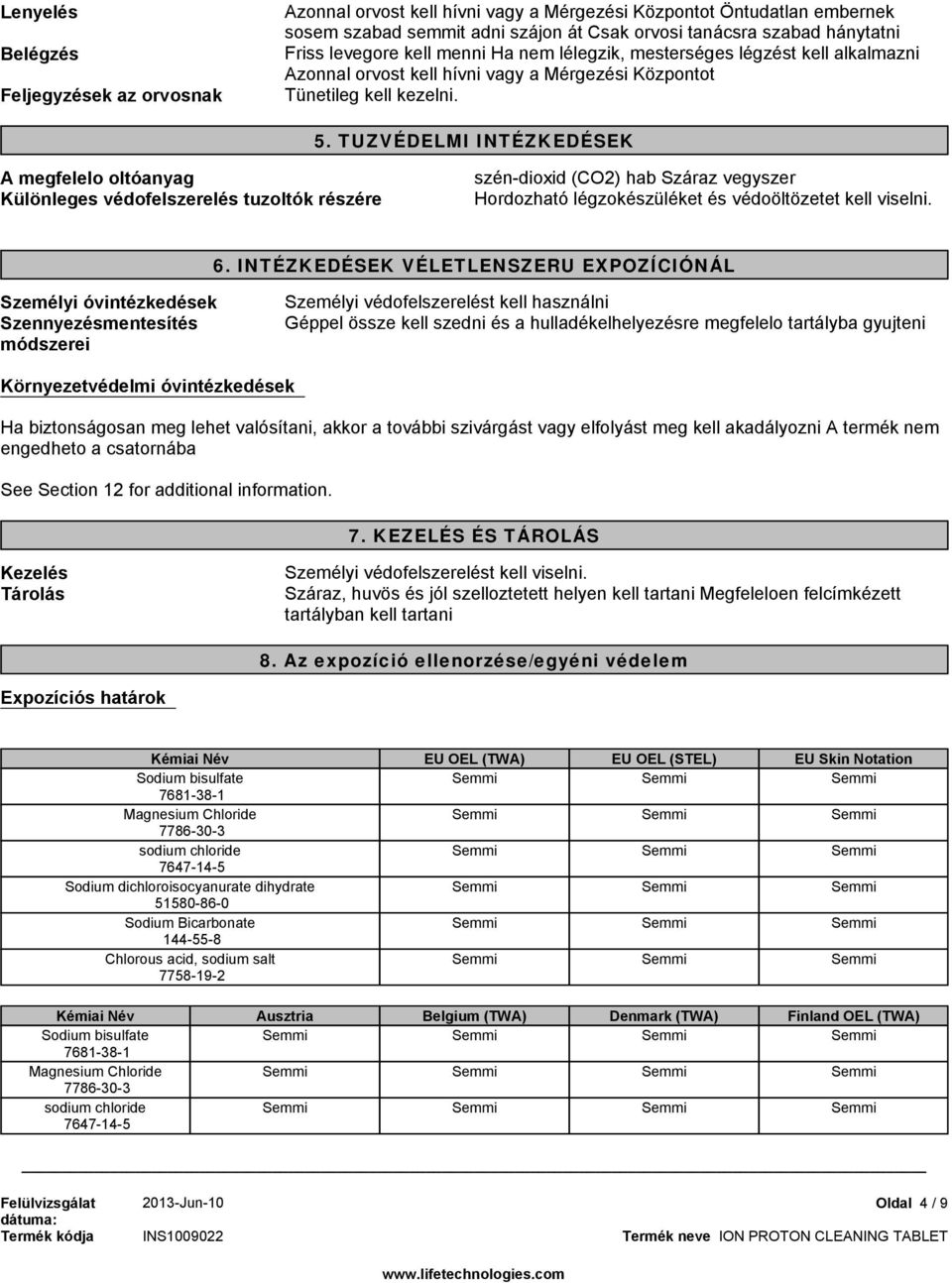 TUZVÉDELMI INTÉZKEDÉSEK A megfelelo oltóanyag Különleges védofelszerelés tuzoltók részére szén-dioxid (CO2) hab Száraz vegyszer Hordozható légzokészüléket és védoöltözetet kell viselni. 6.