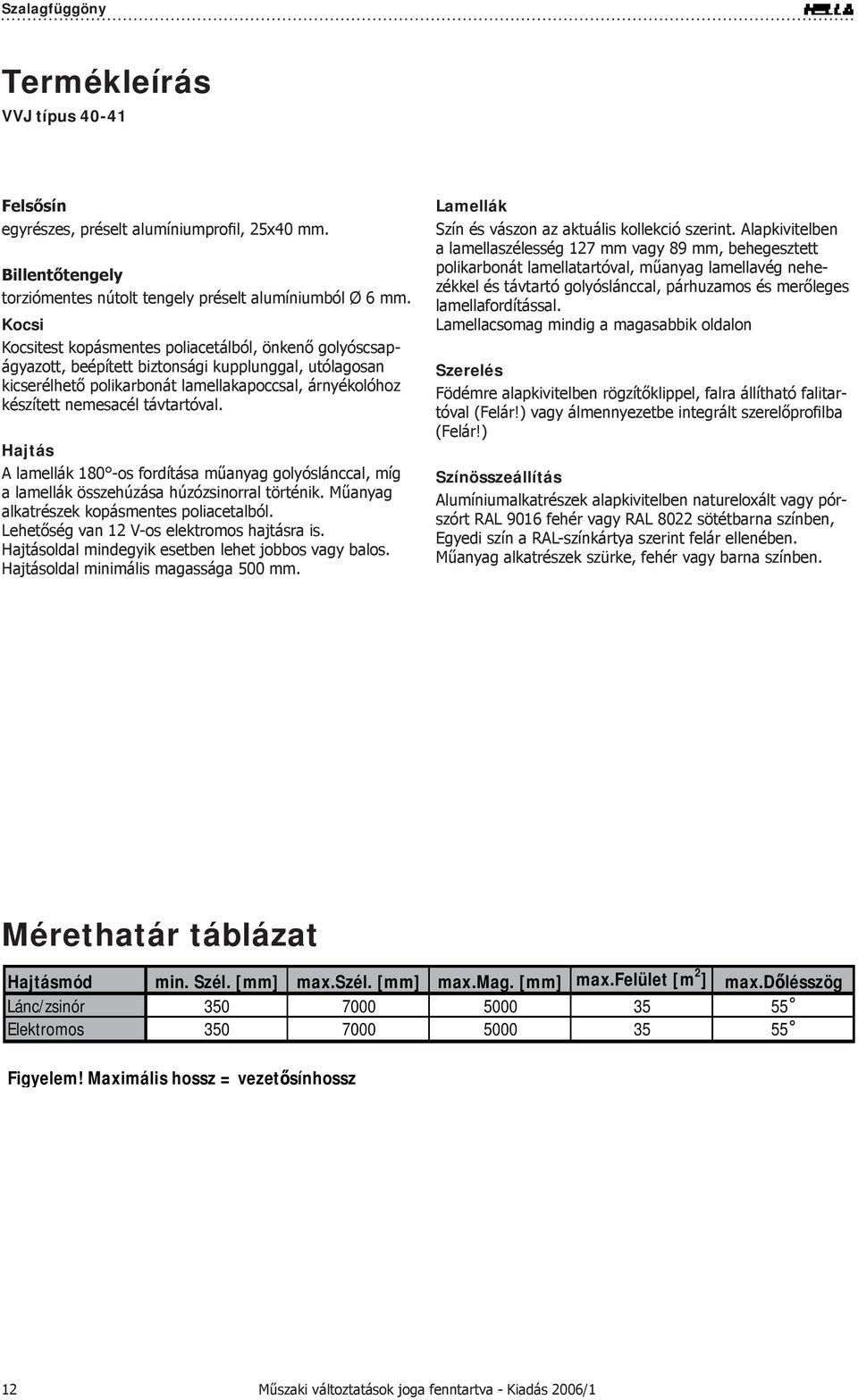 távtartóval. Hajtás A lamellák 180 -os fordítása műanyag golyóslánccal, míg a lamellák összehúzása húzózsinorral történik. Műanyag alkatrészek kopásmentes poliacetalból.