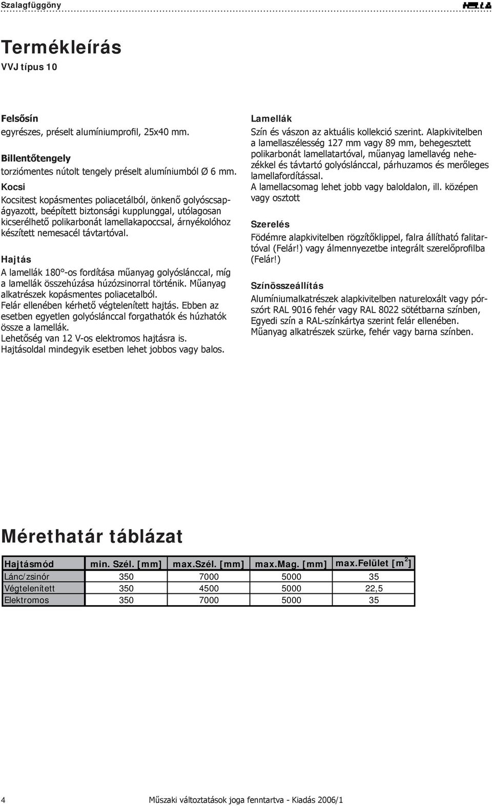 távtartóval. Hajtás A lamellák 180 -os fordítása műanyag golyóslánccal, míg a lamellák összehúzása húzózsinorral történik. Műanyag alkatrészek kopásmentes poliacetalból.