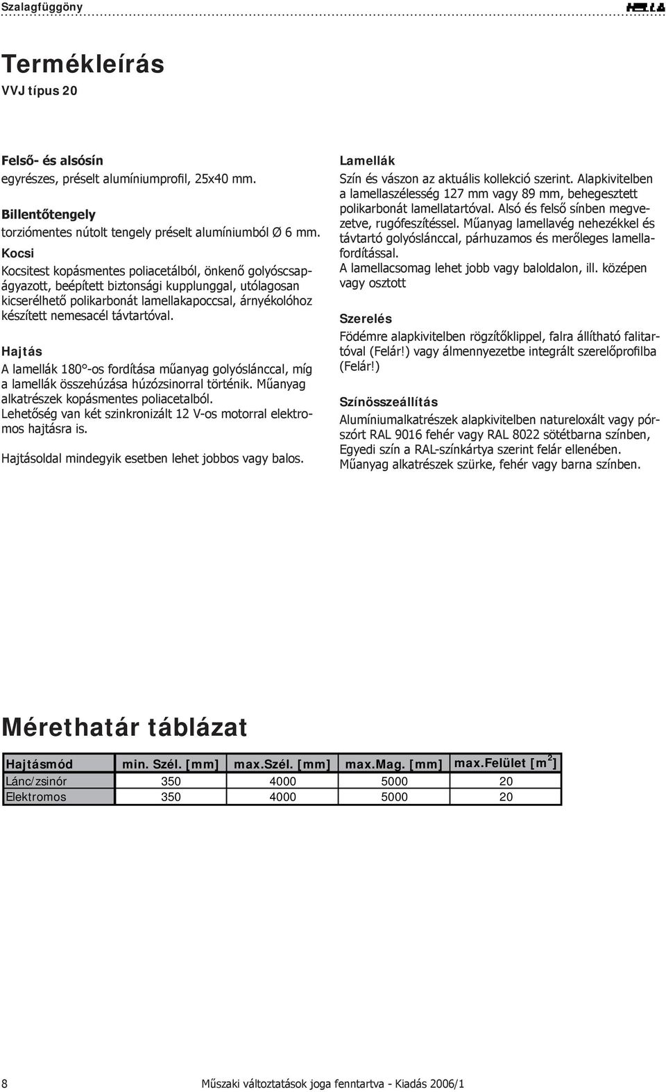 távtartóval. Hajtás A lamellák 180 -os fordítása műanyag golyóslánccal, míg a lamellák összehúzása húzózsinorral történik. Műanyag alkatrészek kopásmentes poliacetalból.