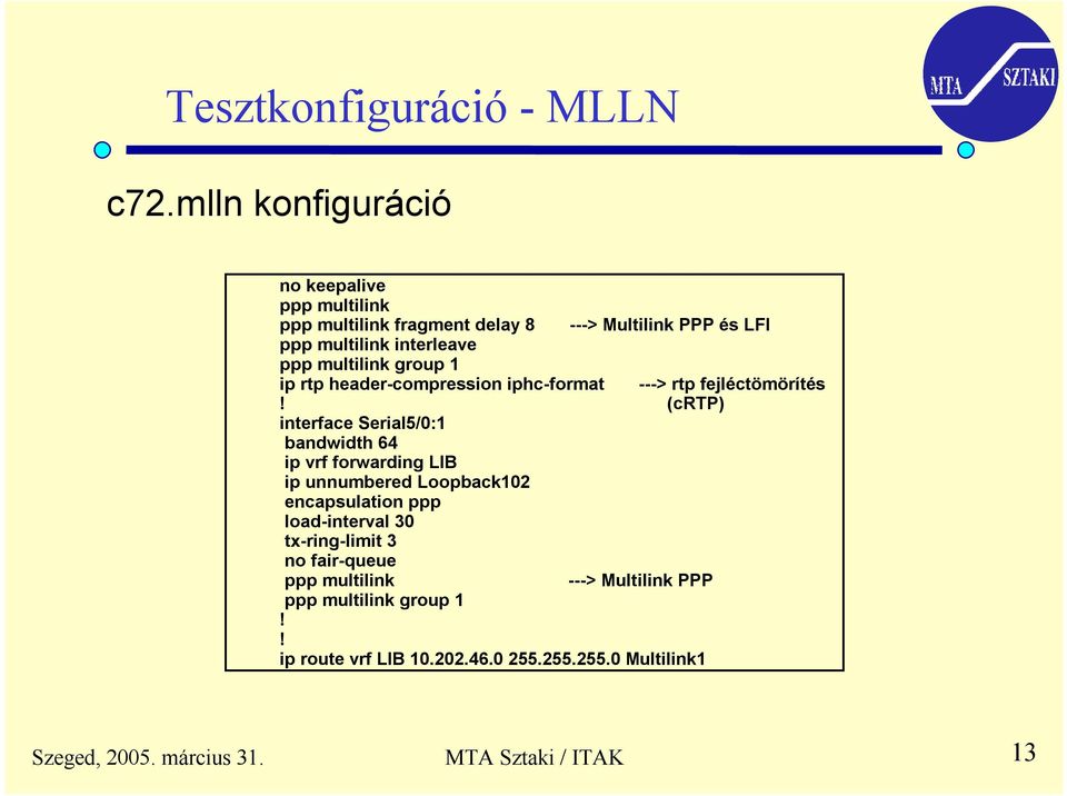 multilink group 1 ip rtp header-compression iphc-format ---> rtp fejléctömörítés (crtp) interface Serial5/0:1 bandwidth 64 ip vrf