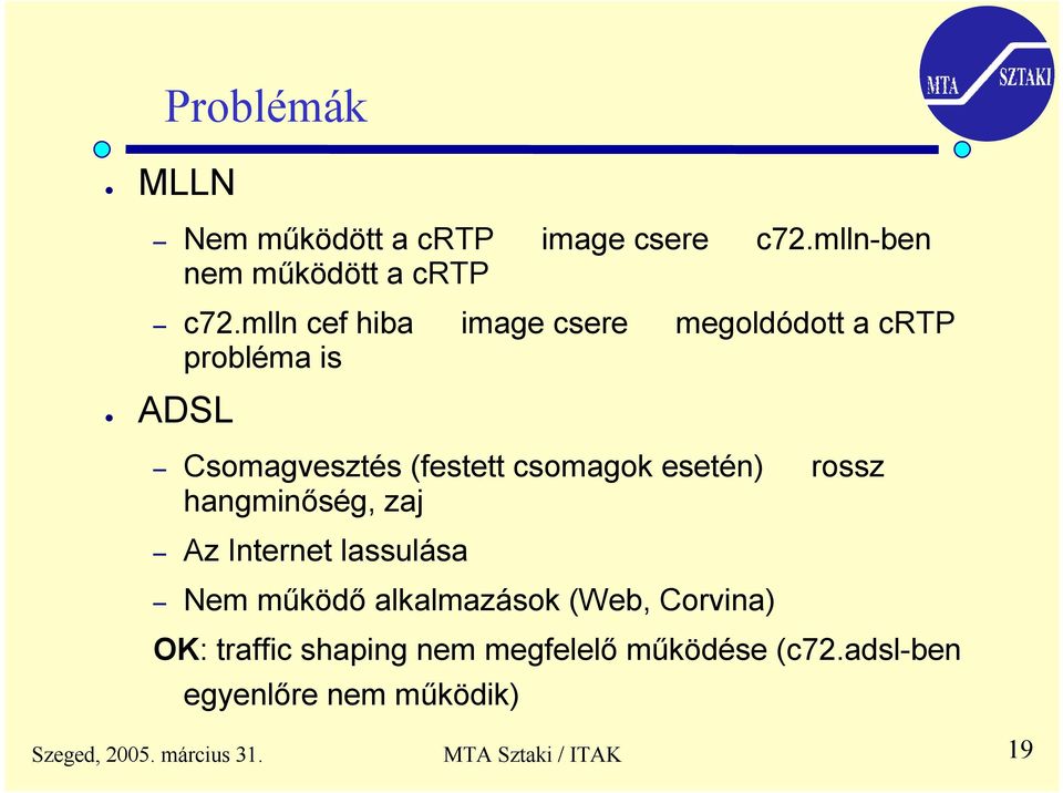 esetén) rossz hangminőség, zaj Az Internet lassulása Nem működő alkalmazások (Web, Corvina) OK: