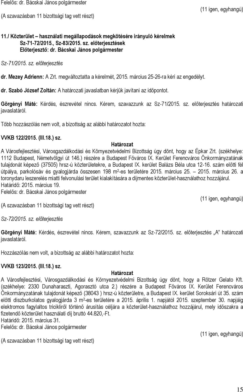 Kérem, szavazzunk az Sz-71/2015. sz. előterjesztés határozati VVKB 122/2015. (III.18.) sz. A Városfejlesztési, Városgazdálkodási és Környezetvédelmi Bizottság úgy dönt, hogy az Épkar Zrt.