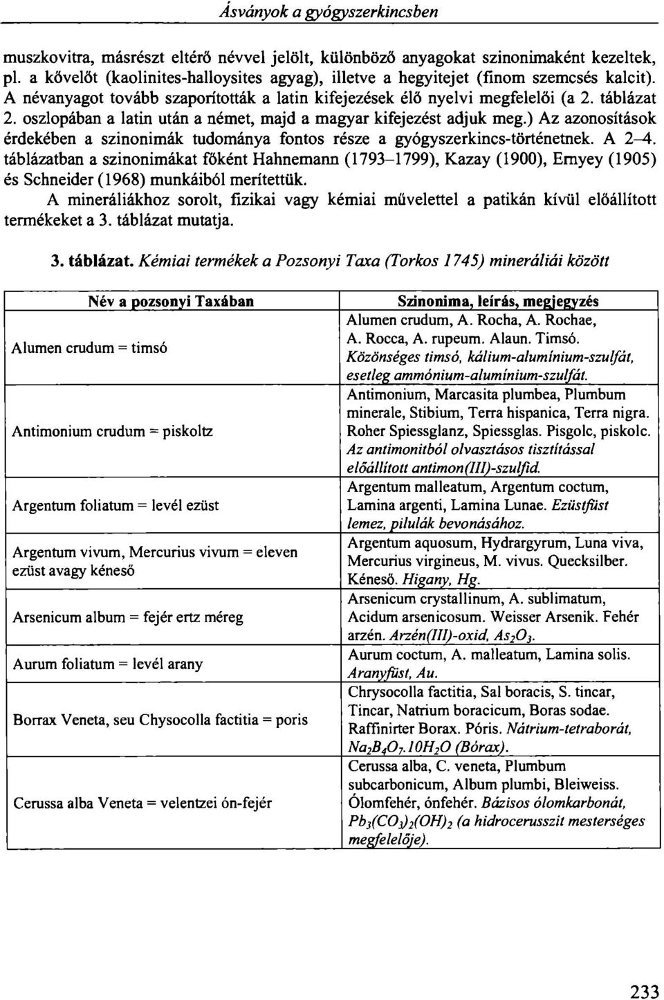 oszlopában a latin után a német, majd a magyar kifejezést adjuk meg.) Az azonosítások érdekében a szinonimák tudománya fontos része a gyógyszerkincs-történetnek. A 2-4.