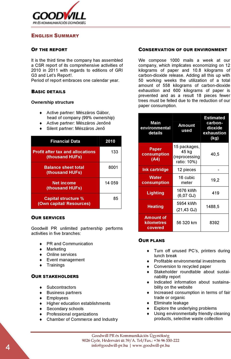 BASIC DETAILS Ownership structure Active partner: Mészáros Gábor, head of company (99% ownership) Active partner: Mészáros Jenőné Silent partner: Mészáros Jenő Financial Data 2010 Profit after tax