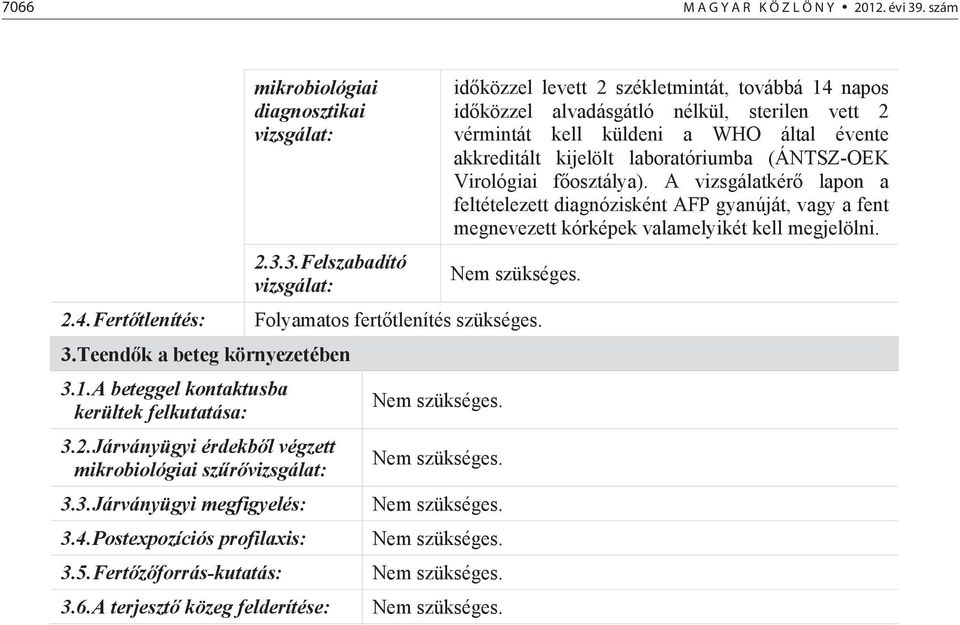 3.Felszabadító id közzel levett 2 székletmintát, továbbá 14 napos id közzel alvadásgátló nélkül, sterilen vett 2 vérmintát kell küldeni a WHO által évente akkreditált kijelölt