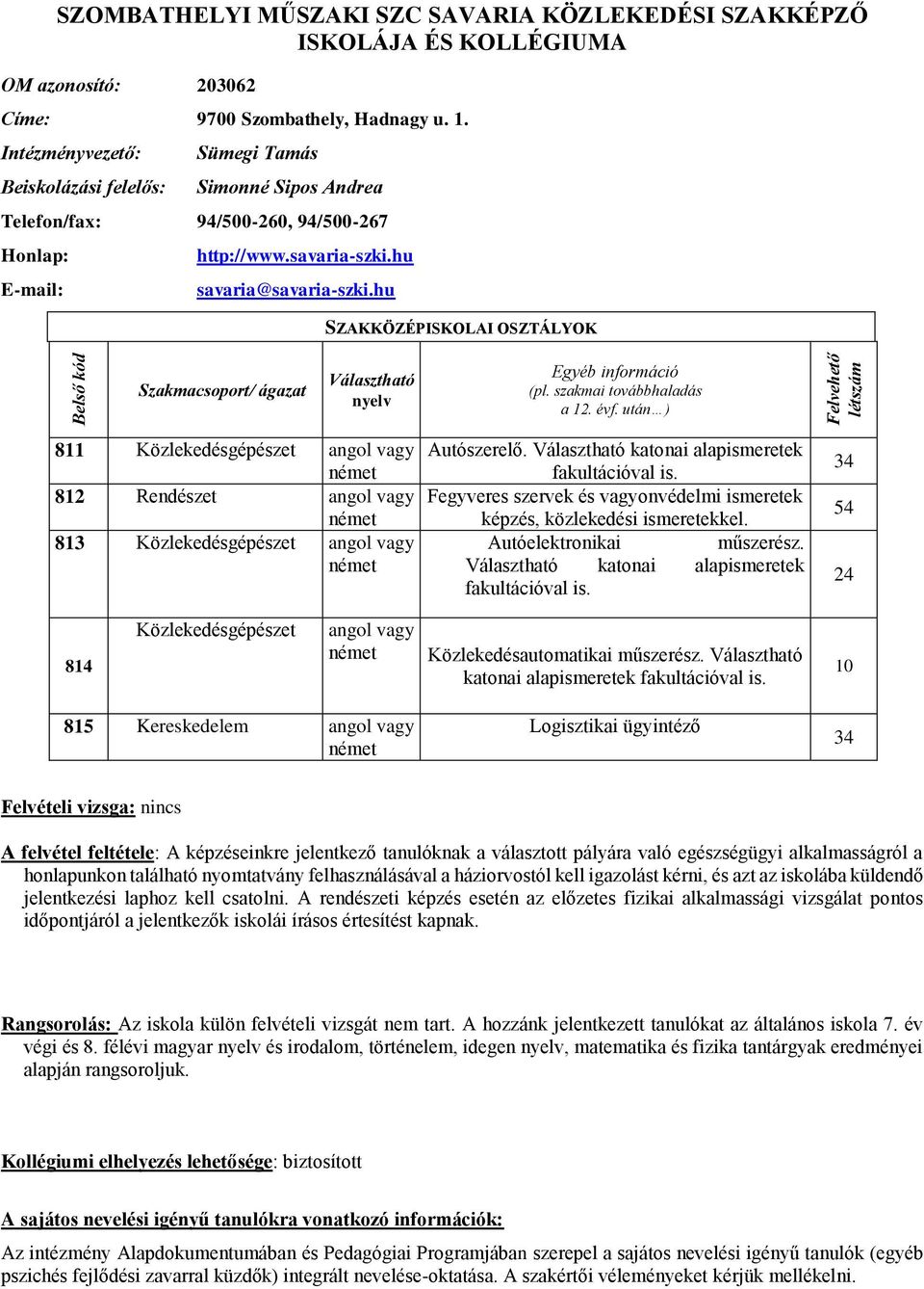 hu SZAKKÖZÉPISKOLAI OSZTÁLYOK Szakmacsoport/ ágazat (pl. szakmai továbbhaladás a 12. évf. után ) 811 Közlekedésgépészet vagy 812 Rendészet vagy 813 Közlekedésgépészet vagy Autószerelő.