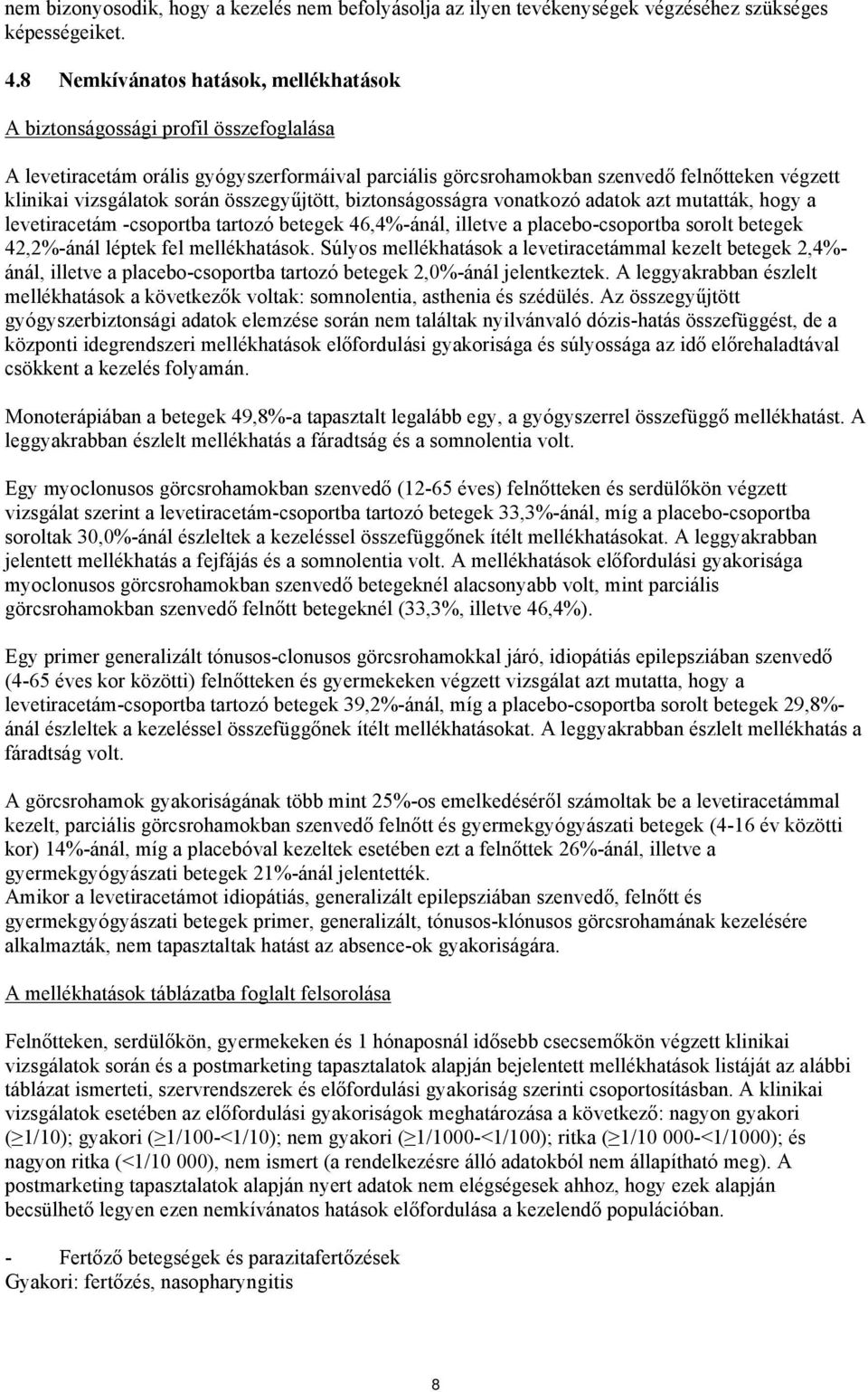 során összegyűjtött, biztonságosságra vonatkozó adatok azt mutatták, hogy a levetiracetám -csoportba tartozó betegek 46,4%-ánál, illetve a placebo-csoportba sorolt betegek 42,2%-ánál léptek fel