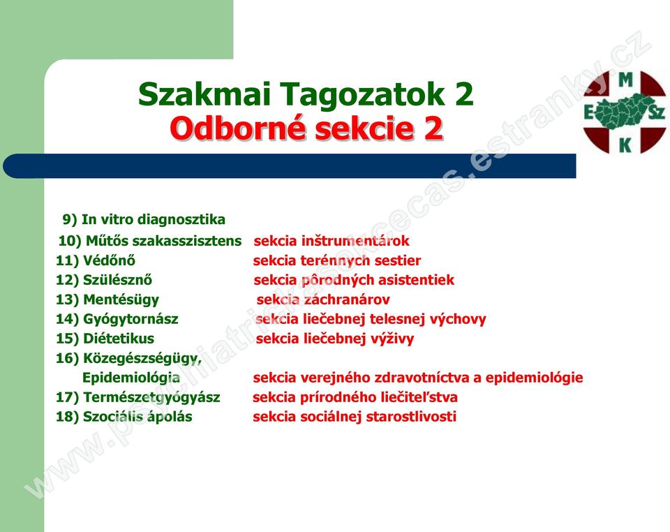 liečebnej telesnej výchovy 15) Diétetikus sekcia liečebnej výživy 16) Közegészségügy, Epidemiológia sekcia verejného