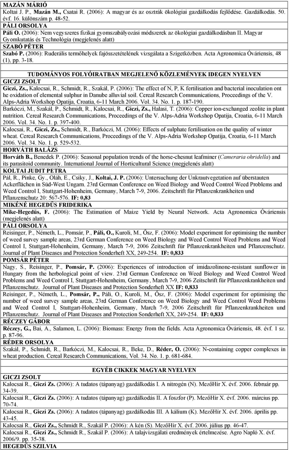 (2006): Ruderális termőhelyek fajösszetételének vizsgálata a Szigetközben. Acta Agronomica Óváriensis, 48 (1), pp. 3-18.