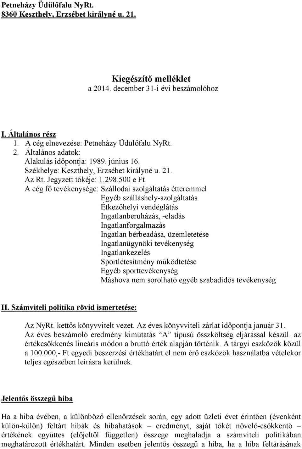 500 e Ft A cég fő tevékenysége: Szállodai szolgáltatás étteremmel Egyéb szálláshely-szolgáltatás Étkezőhelyi vendéglátás Ingatlanberuházás, -eladás Ingatlanforgalmazás Ingatlan bérbeadása,