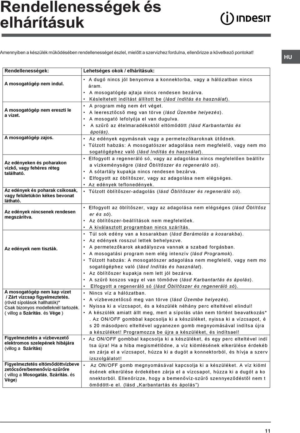 Az edények és poharak csíkosak, vagy felületükön kékes bevonat látható. Az edények nincsenek rendesen megszárítva. Az edények nem tiszták. A mosogatógép nem kap vizet / Zárt vízcsap figyelmeztetés.