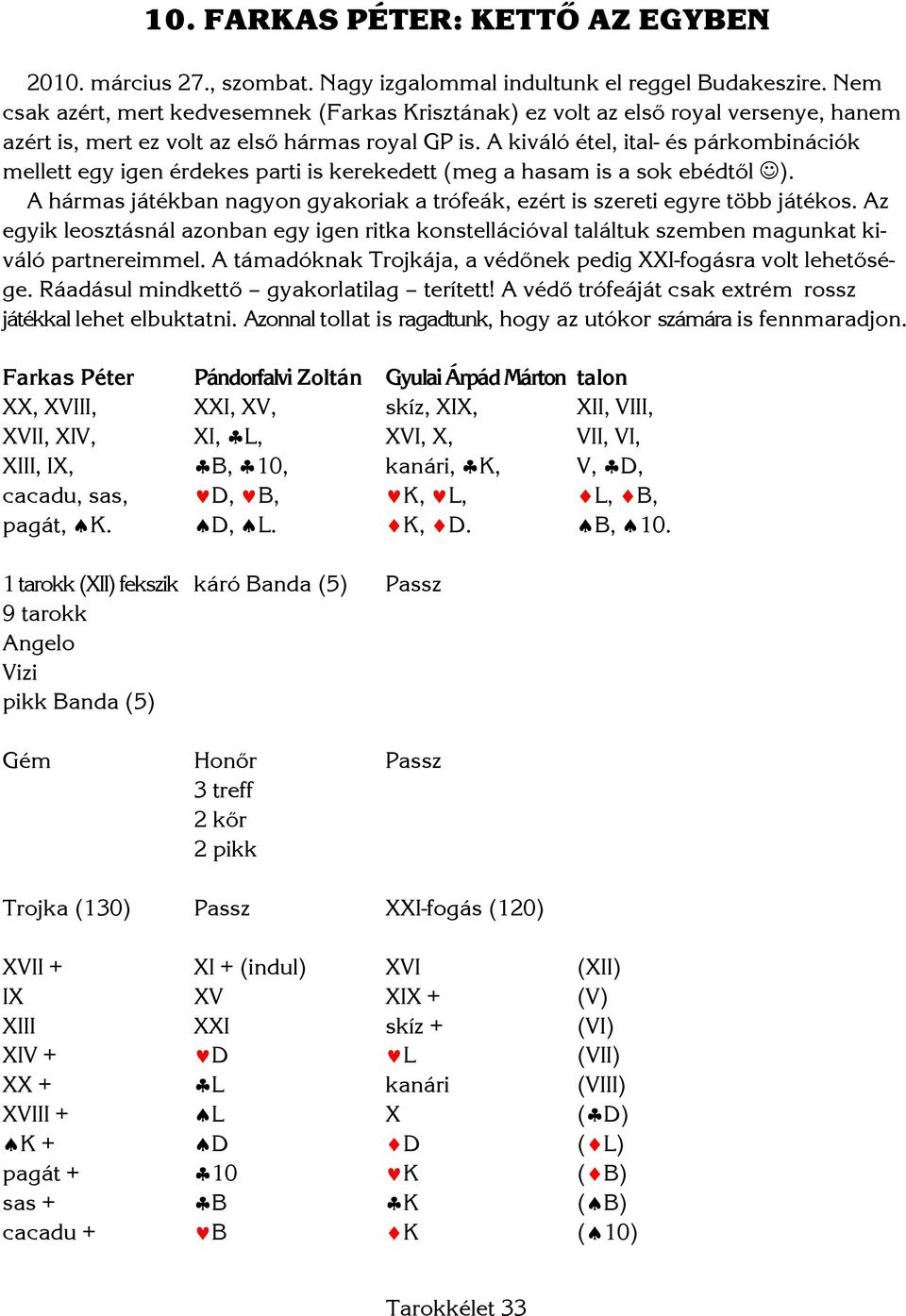 A kiváló étel, ital- és párkombinációk mellett egy igen érdekes parti is kerekedett (meg a hasam is a sok ebédtől ). A hármas játékban nagyon gyakoriak a trófeák, ezért is szereti egyre több játékos.