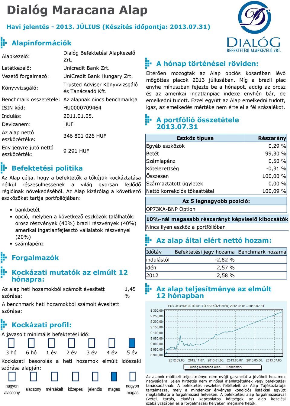 Az Alap kizárólag a következő eszközöket tartja portfoliójában: bankbetét opció, melyben a következő eszközök találhatók: orosz részvények (40%) brazil részvények (40%) amerikai ingatlanfejlesztő