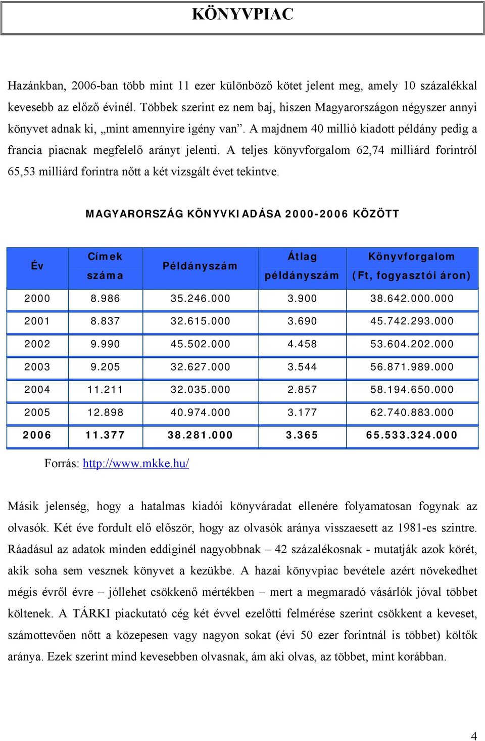 A teljes könyvforgalom 62,74 milliárd forintról 65,53 milliárd forintra nőtt a két vizsgált évet tekintve.