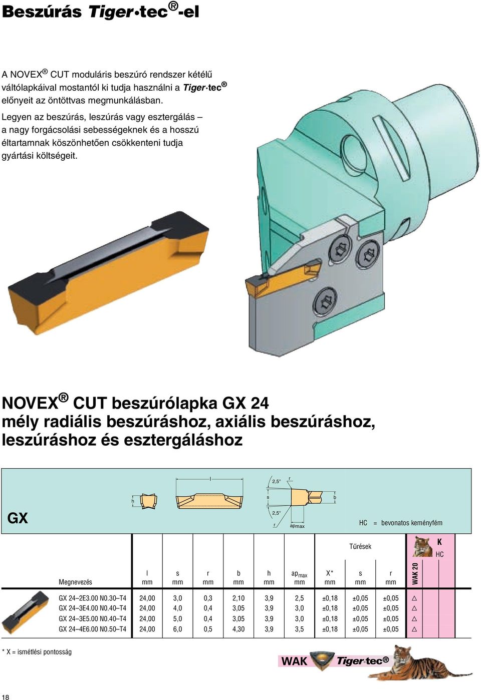 NOVEX CUT bezúóapka GX 24 méy adiái bezúához, axiái bezúához, ezúához é eztegáához 2,5 h b GX 2,5 apmax HC = bevonato keményfém Tıéek K HC Megnevezé b h ap max X* WAK 20 GX 24 2E3.