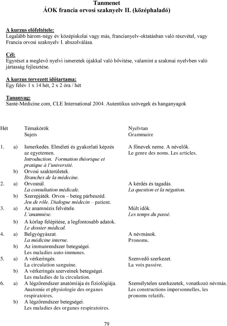 A kurzus tervezett időtartama: Egy félév 1 x 14 hét, 2 x 2 óra / hét Tananyag: Santé-Médicine.com, CLE International 2004. Autentikus szövegek és hanganyagok Hét Témakörök Sujets Nyelvtan Grammaire 1.