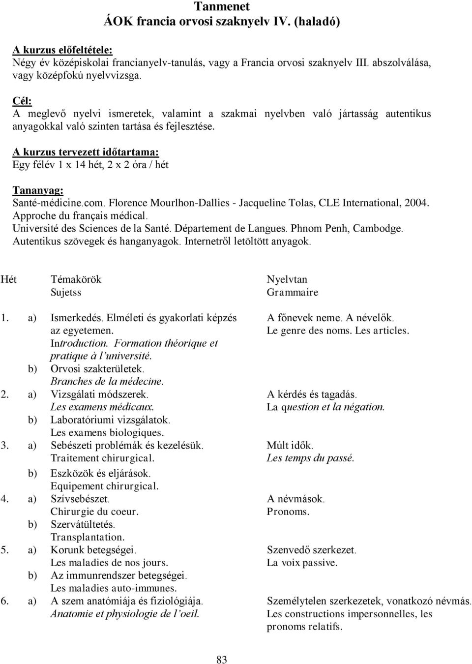 A kurzus tervezett időtartama: Egy félév 1 x 14 hét, 2 x 2 óra / hét Tananyag: Santé-médicine.com. Florence Mourlhon-Dallies - Jacqueline Tolas, CLE International, 2004. Approche du français médical.