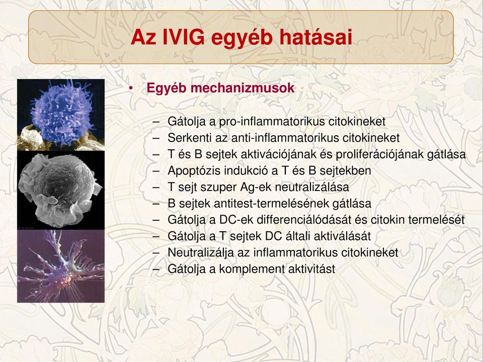 szuper Ag-ek neutralizálása B sejtek antitest-termelésének gátlása Gátolja a DC-ek differenciálódását és citokin