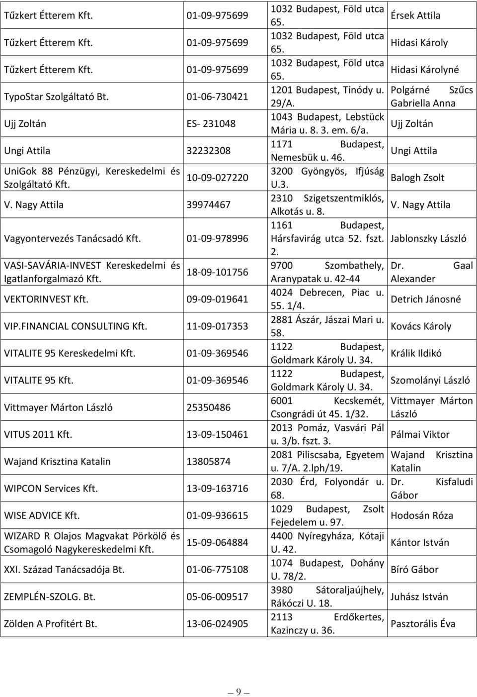 Nagy Attila 39974467 Vagyontervezés Tanácsadó 01-09-978996 VASI-SAVÁRIA-INVEST Kereskedelmi és Igatlanforgalmazó 18-09-101756 VEKTORINVEST 09-09-019641 VIP.