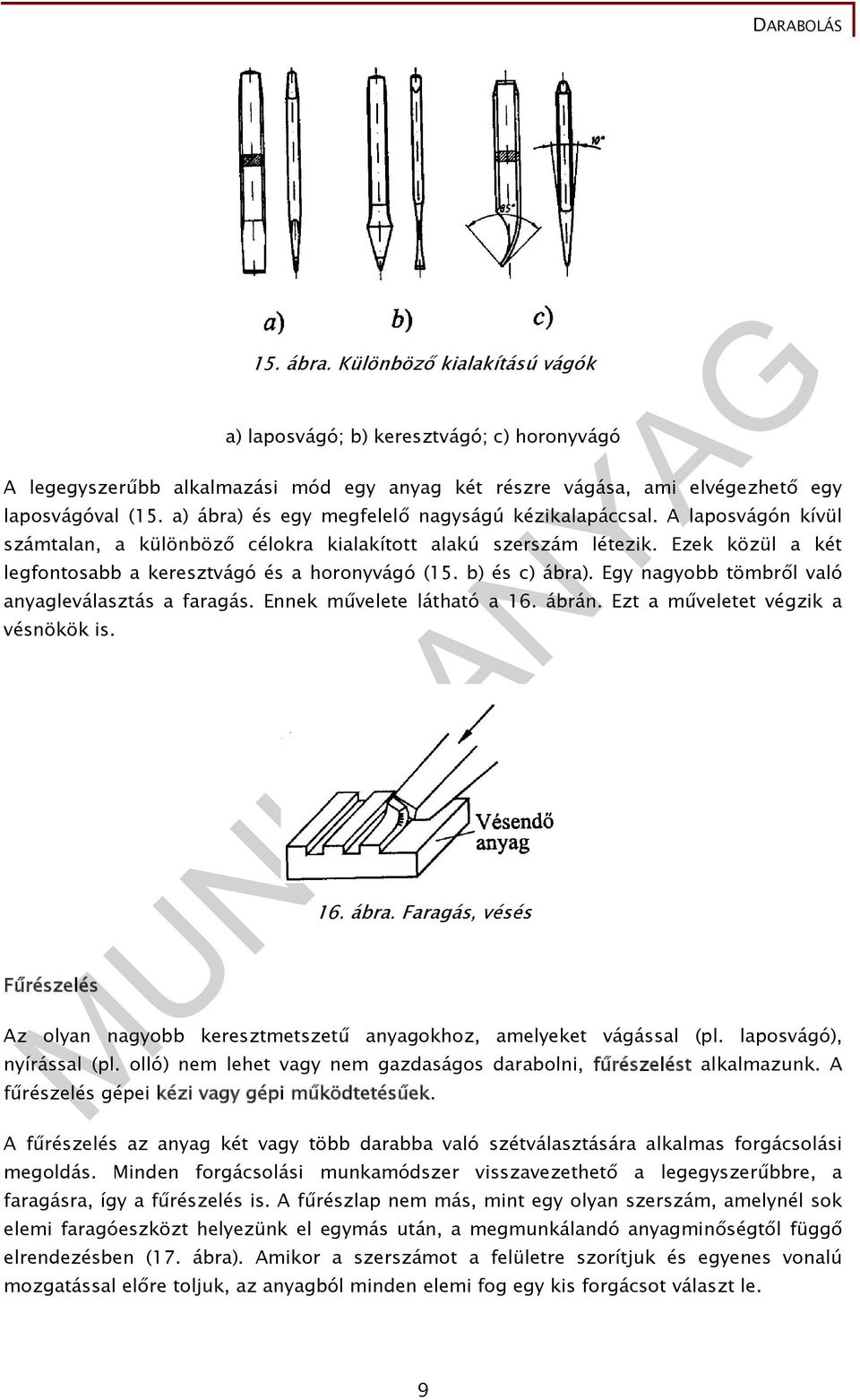 Ezek közül a két legfontosabb a keresztvágó és a horonyvágó (15. b) és c) ábra). Egy nagyobb tömbről való anyagleválasztás a faragás. Ennek művelete látható a 16. ábrán.