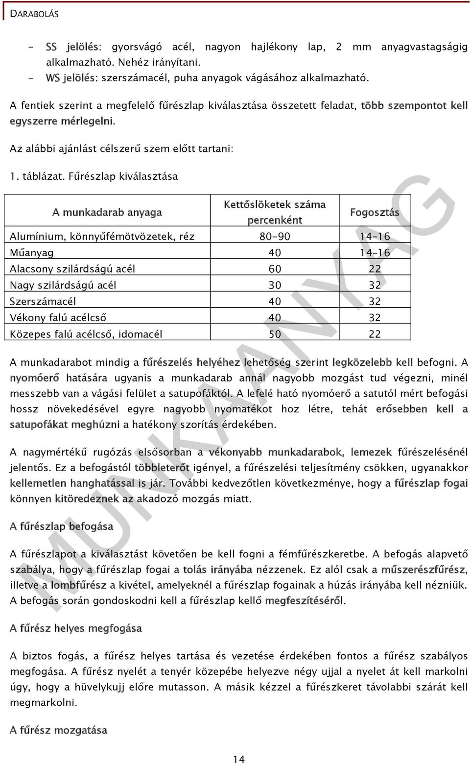 Fűrészlap kiválasztása A munkadarab anyaga Kettőslöketek száma percenként Fogosztás Alumínium, könnyűfémötvözetek, réz 80-90 14 16 Műanyag 40 14 16 Alacsony szilárdságú acél 60 22 Nagy szilárdságú