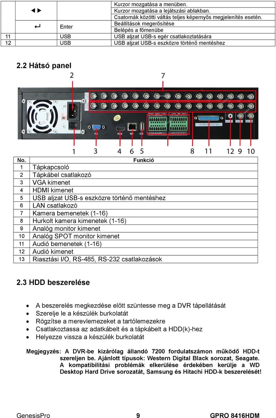 Funkció 1 Tápkapcsoló 2 Tápkábel csatlakozó 3 VGA kimenet 4 HDMI kimenet 5 USB aljzat USB-s eszközre történő mentéshez 6 LAN csatlakozó 7 Kamera bemenetek (1-16) 8 Hurkolt kamera kimenetek (1-16) 9