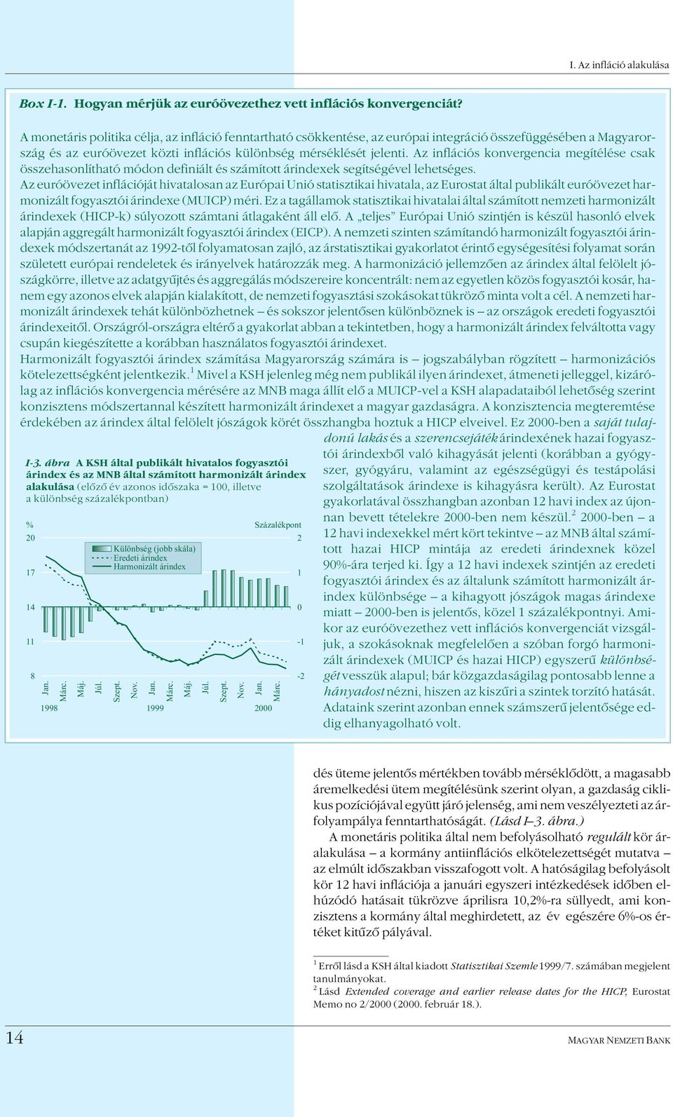 11 Különbség (jobb skála) Eredeti árindex Harmonizált árindex 199 1999 1-1 - A monetáris politika célja, az infláció fenntartható csökkentése, az európai integráció összefüggésében a Magyarország és