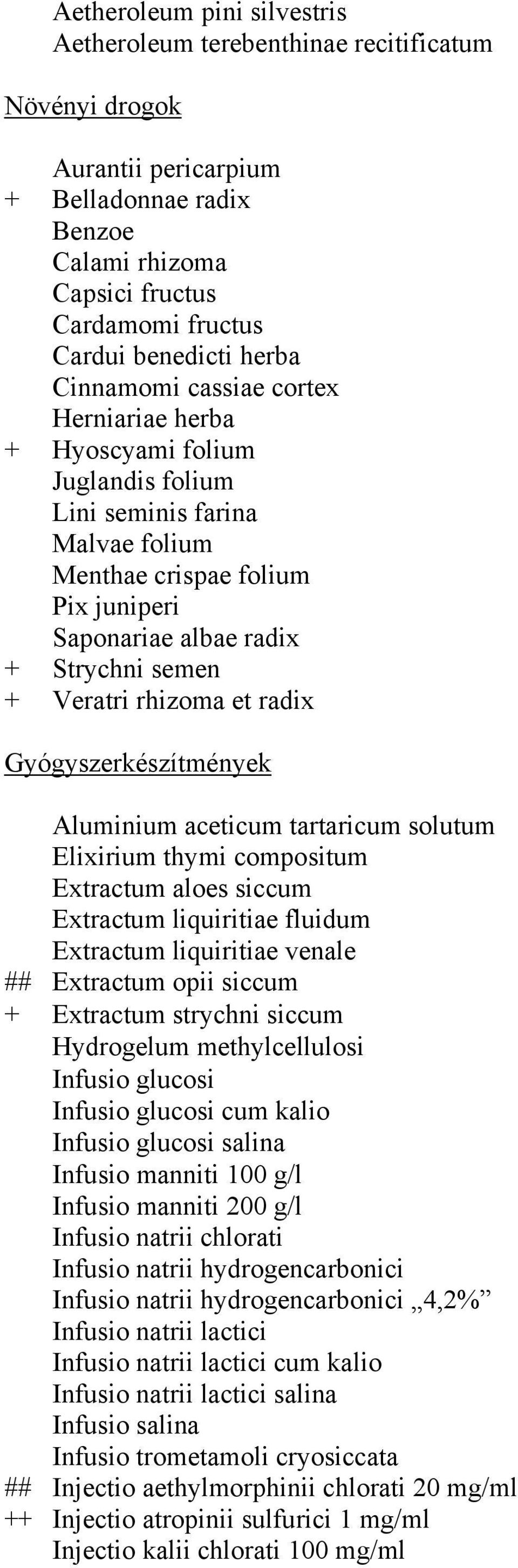 Veratri rhizoma et radix Gyógyszerkészítmények Aluminium aceticum tartaricum solutum Elixirium thymi compositum Extractum aloes siccum Extractum liquiritiae fluidum Extractum liquiritiae venale ##