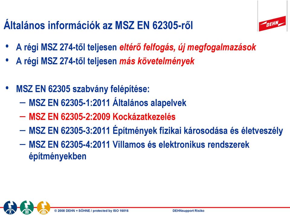 MSZ EN 62305-2:2009 Kockázatkezelés MSZ EN 62305-3:2011 Építmények fizikai károsodása és életveszély MSZ EN