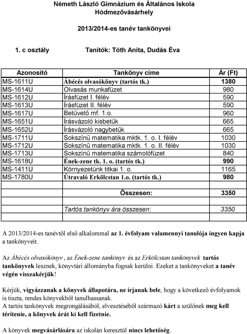 félév 1030 MS-1713U Sokszínű matematika számolófüzet 840 MS-1618U Ének-zene tk. 1. o. (tartós tk.) 990 MS-1411U Környezetünk titkai 1. o. 1165 MS-1780U Útravaló Erkölcstan 1.o. (tartós tk.) 980 Összesen: 3350 Tartós tankönyv ára összesen: 3350 A 2013/2014-es tanévtől első alkalommal az 1.