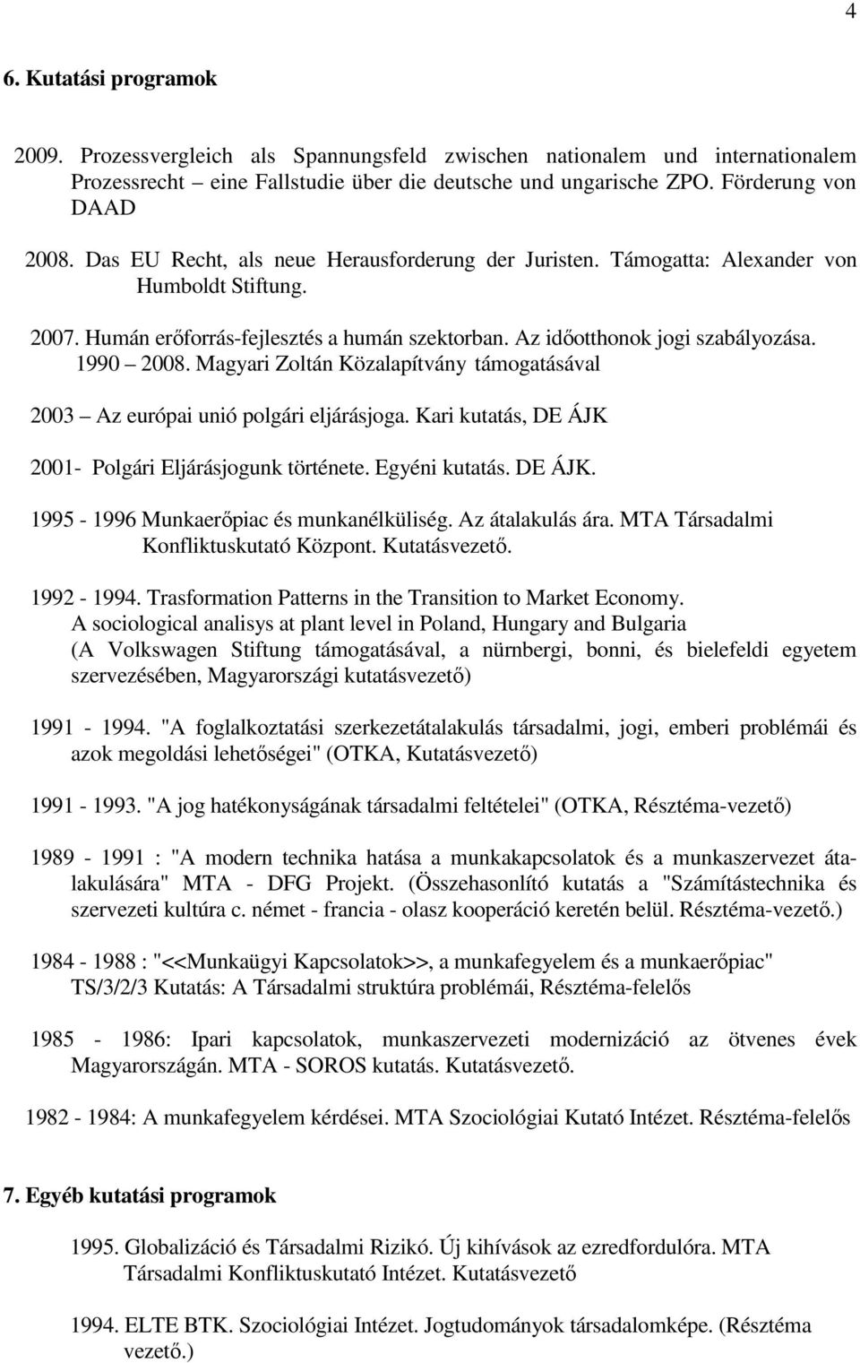 Magyari Zoltán Közalapítvány támogatásával 2003 Az európai unió polgári eljárásjoga. Kari kutatás, DE ÁJK 2001- Polgári Eljárásjogunk története. Egyéni kutatás. DE ÁJK. 1995-1996 Munkaerőpiac és munkanélküliség.